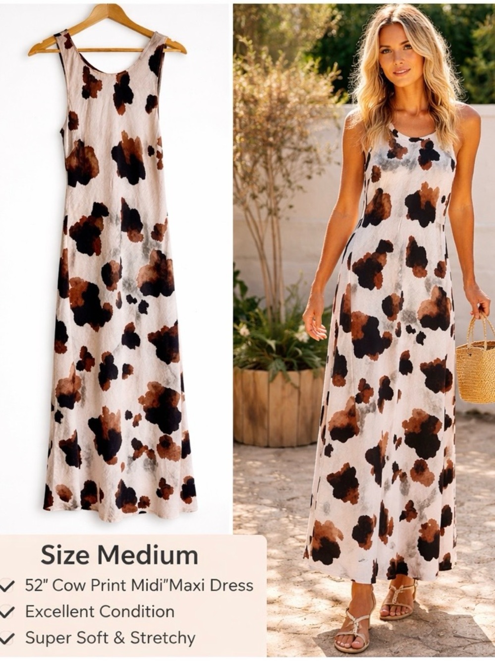 Paper Heart Cow Print Midi Dress Size Medium 52.5” Length Sleeveless